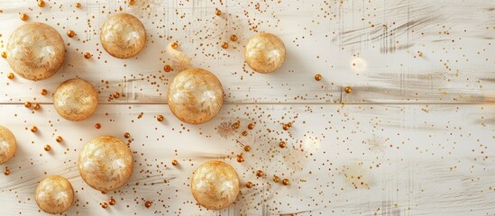 Poster - New Year or Christmas pattern flat lay top view featuring decorative golden toy balls and sparkles on a white wooden background Copy space template frame for your greeting card text design