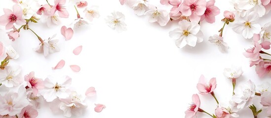 Aufkleber - Pink and white cherry blossoms on a white background are arranged in a circular frame. with copy space image. Place for adding text or design