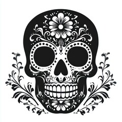 Artistic design of a black and white sugar skull adorned with floral patterns, Ideal for Day of the Dead or Halloween-themed projects, tattoos, and decorative items,