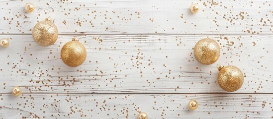 Poster - New Year or Christmas pattern flat lay top view featuring decorative golden toy balls and sparkles on a white wooden background Copy space template frame for your greeting card text design