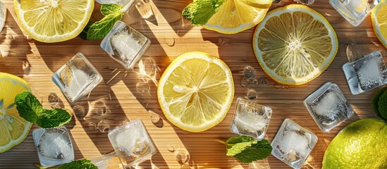 Poster - Fresh lemons mint leaves and ice cubes placed on a wooden surface. with copy space image. Place for adding text or design