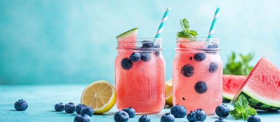 Fototapete - Watermelon lemonade in mason jars accompanied by blueberries. with copy space image. Place for adding text or design