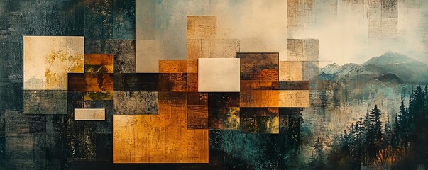 Leinwandbilder - Generate an abstract collage blending the peaceful forest meadow aesthetic with geometric room shapes, using medium wood brown and earthy, inviting colors