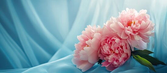 Wall Mural - Lovely peony bouquet against a blue folding screen backdrop. with copy space image. Place for adding text or design