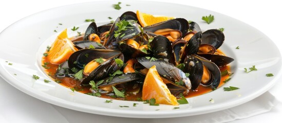 Poster - Three steamed mussels garnished with parsley alongside a bowl of orange sauce on a white background Seafood Nutritious meal. with copy space image. Place for adding text or design
