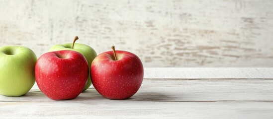 Poster - One red apple and two green apples rest on a white wooden surface There are fresh apples on the kitchen table totaling three apples. with copy space image. Place for adding text or design