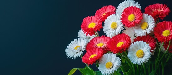 Poster - A cluster of blooming red and white bellis perennis also known as English daisies with copy space