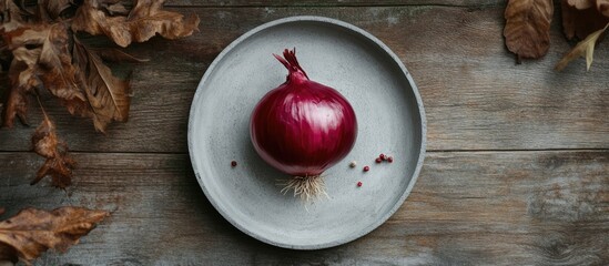 Canvas Print - Red seeding onion on a concrete plate on a wooden surface with copy space