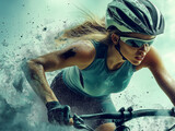 Kobieta w kasku i okularach na rowerze - bardzo dynamiczny portret sportowy