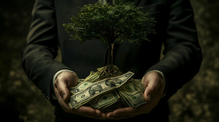 Businessman shielding a pile of money with a tree sprouting from it, symbolizing careful financial management,