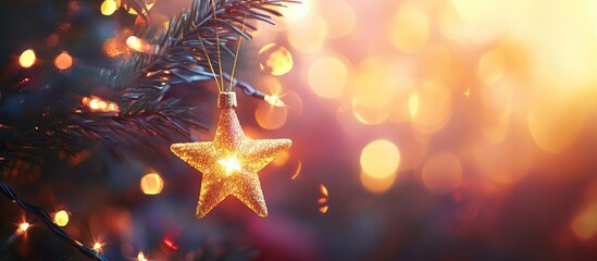 Poster - Star shaped Christmas lights on the tree Blurred Christmas background. with copy space image. Place for adding text or design