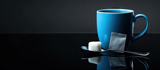 Aufkleber - Mug of tea featuring a teabag sugar and teaspoon Blue color On a black reflective surface Enjoyable cup of tea. with copy space image. Place for adding text or design