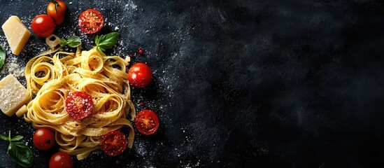 Wall Mural - Pasta tomato tagliatelle and parmesan cheese meal snack on the table copyspace food background rustic top view