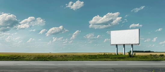 Wall Mural - empty white banner billboard on the field by the road. with copy space image. place for adding text 
