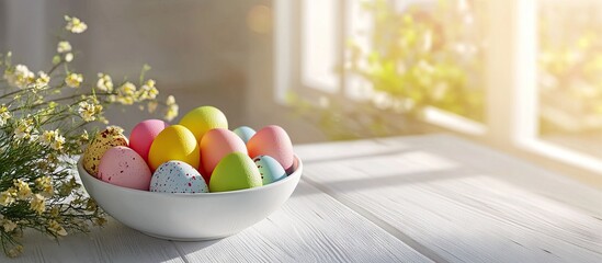 Poster - Easter greeting card featuring a bowl of colorful eggs on a white wooden table Includes space for your greetings. with copy space image. Place for adding text or design