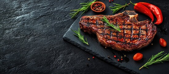 Poster - Grilled beef steak seasoned with spices piece of meat Top view with copyspace