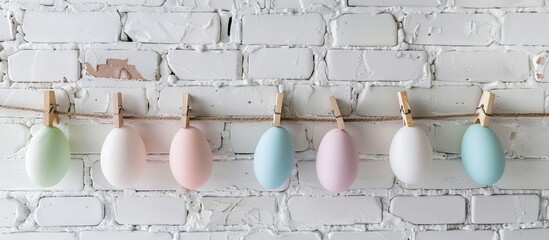 Poster - Decorative Easter eggs are suspended on clothespins in front of a white brick wall Copy space for text