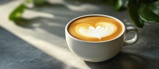 Aufkleber - Delicious beverage a cup of cappuccino coffee adorned with a heart design on brown milk froth in a white ceramic cup placed on a gray table. with copy space image. Place for adding text or design