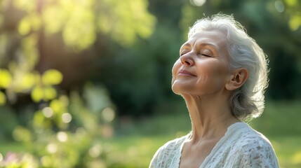 Caucasian elderly woman breathing a fresh air in the park, meditation, blurred green background