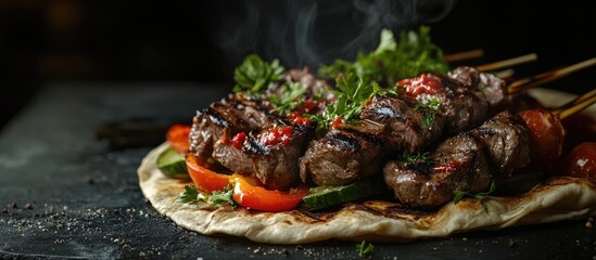 Aufkleber - Close up view of delicious grilled meat with vegetables on Georgian pita Shashlik or barbecue meat served on pita Shish kebab a dish from traditional Georgian cuisine Copy space for design Dark backg