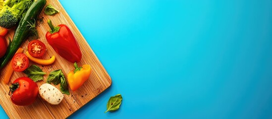 Closeup of a wooden cutting board with fresh vegetables on a colored background. with copy space image. Place for adding text or design