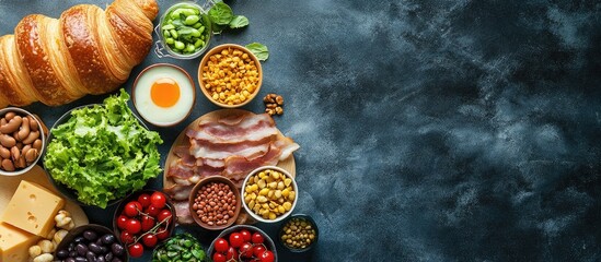 Fototapete - Breakfast is served in the morning on the table with croissant bread croissant cereal bacon ham cheese lettuce beans corn flakes and fruits for a healthy meal Top view with copy space