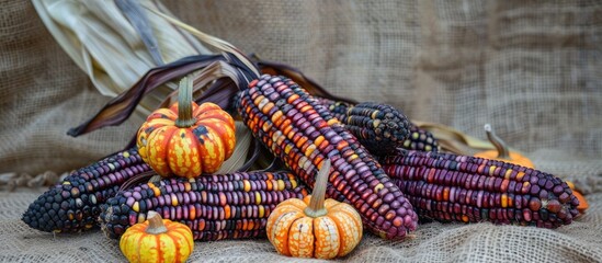 Leinwandbilder - Colorful purple Indian corn along with mini pumpkins and gourds displayed on burlap fall decorations copyspace