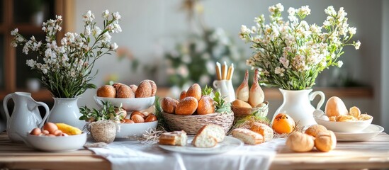 Aufkleber - Easter table arrangement Easter food backdrop. with copy space image. Place for adding text or design