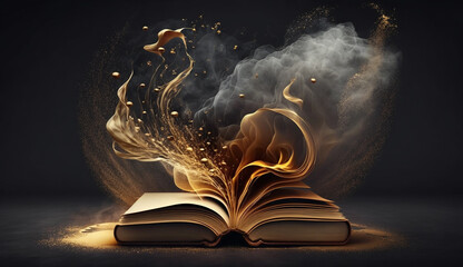 An open book with magical smoke and glowing particles rising from its pages creating an ethereal and mystical feel