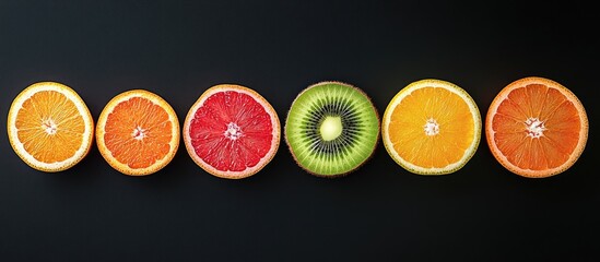 Poster - Flat lay Top view Sliced vibrant fresh fruits kiwi orange grapefruit and mandarin on a black background Summer setting. with copy space image. Place for adding text or design