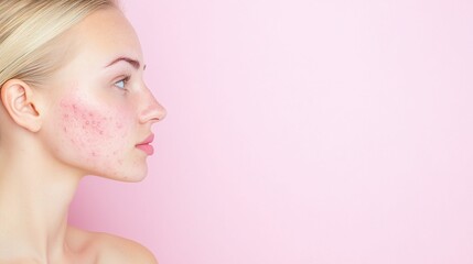 horizontal image, portrait of a woman with acne, isolated pink background. With copy space for text. Skin problem concept. For banner, design, salon, clinic, cosmetologist, web, promo