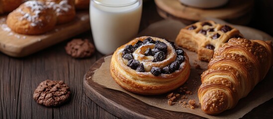 Aufkleber - Pastries on a dark wooden table accompanied by milk and a cookie in a bakery setting. with copy space image. Place for adding text or design