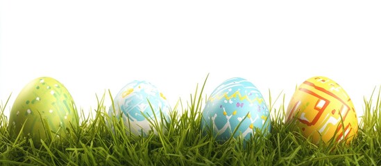 Poster - Easter eggs painted and concealed in the grass isolated on white with copyspace