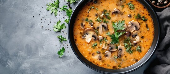 Poster - Delicious mushroom soup in a pan on a gray background Close up Copy space