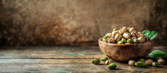 Aufkleber - Organic pistachio nuts in a bowl on a wooden table Room for text. with copy space image. Place for adding text or design