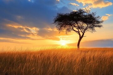 Wall Mural - A solitary tree stands tall in a golden field at sunset. The sky glows with vibrant colors. This tranquil scene invites peace and reflection. Generative AI