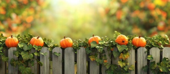 Fototapete - Small pumpkins placed on a fence in the autumn season. with copy space image. Place for adding text or design