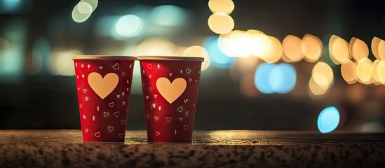 Wall Mural - Two drink cups at night with beautiful bokeh representing the concept of Valentine s Day. with copy space image. Place for adding text or design