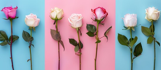 Arrangement of roses set against a colored background Overhead top view flat lay Copy space Concepts for birthday Mother s Day Valentine s Day Women s Day or Wedding Day