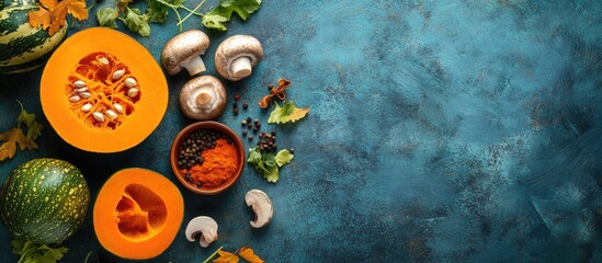 Aufkleber - Ingredients for making Indian curry using vegetables pumpkins and mushrooms on a blue background along with spices Captured from above copy space
