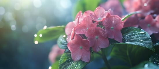 Poster - Hydrangea macrophylla Ajisai blooms in a garden. with copy space image. Place for adding text or design