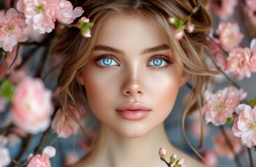 Wall Mural - A woman with blue eyes and a pink background