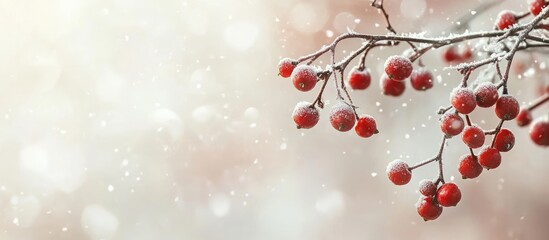 Aufkleber - Hawthorn berry against a light background featuring snow and a Bokeh effect. with copy space image. Place for adding text or design