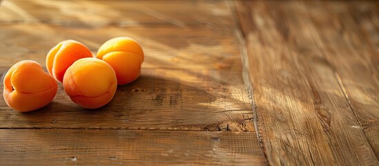 Poster - Selective focus on ripe apricots placed on a wooden table. with copy space image. Place for adding text or design