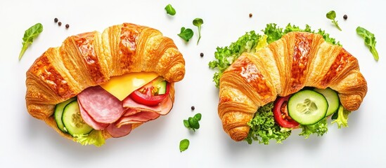 Wall Mural - Delicious croissant sandwich featuring fresh ham cheese tomato cucumber and lettuce alongside a sub sandwich with fresh salad ham and cheese on a white background Top view with copyspace Flat lay