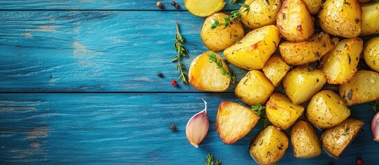Aufkleber - Crispy roasted potatoes with garlic and thyme on a blue wooden surface overhead view. with copy space image. Place for adding text or design