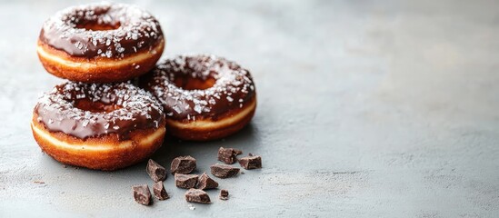 Leinwandbilder - Chocolate donuts on a light concrete surface National Donut Day Homemade treats Selective focus copyspace