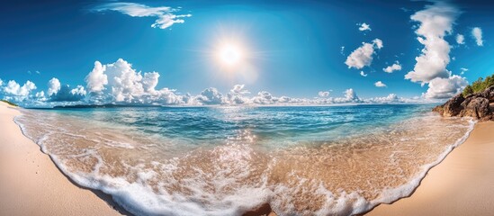 Summer ocean coastline and clear azure sky Idea of relaxation Fisheye lens. with copy space image. Place for adding text or design