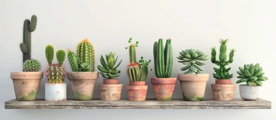 Wall Mural - White shelf featuring different cactus and succulent plants in pots against a gray wall houseplants on a wooden shelf and wall design. with copy space image. Place for adding text or design