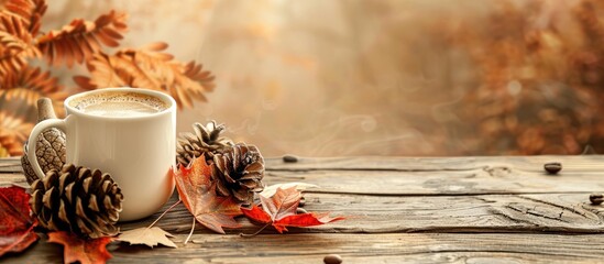 Poster - Autumn backdrop with space for text and design featuring a cup of hot coffee alongside cones and maple leaves on a wooden table a cozy autumn beverage the idea of an autumn sale